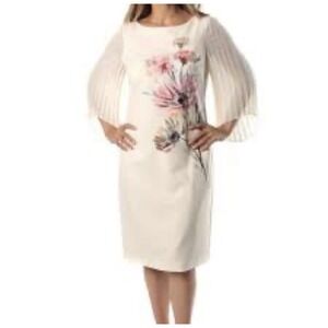 Jacques Vert Ivory Floral Dress Flutter Sleeve 14